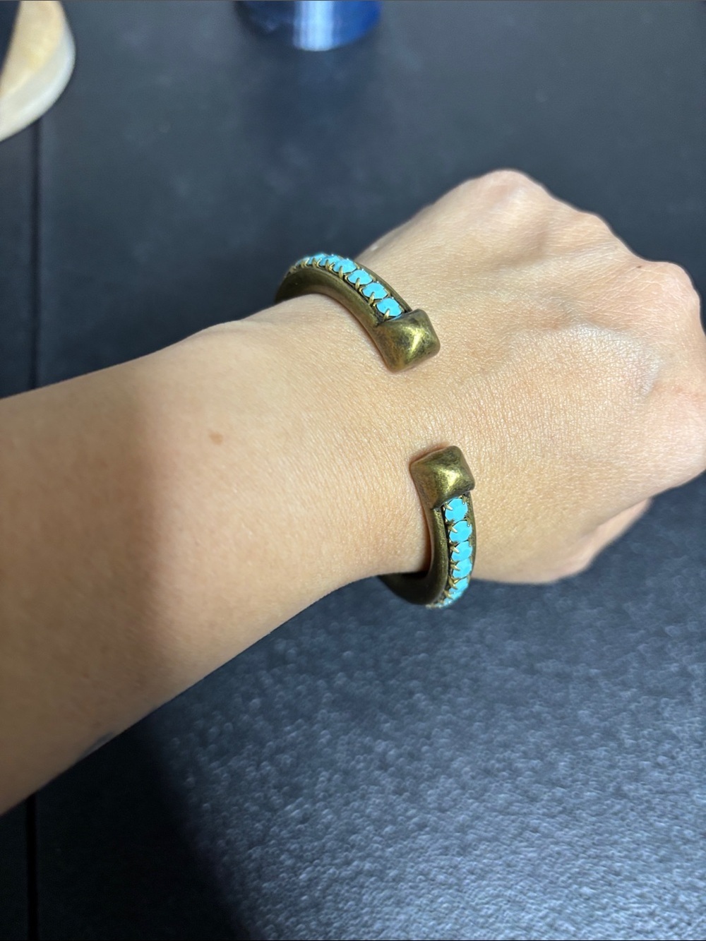 Boho Turquoise Accent Brass Cuff Hinge Bracelet Western - Picture 7 of 8